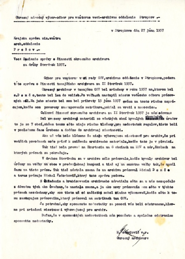 Správa o činnosti archívu v Stropkove z roku 1957